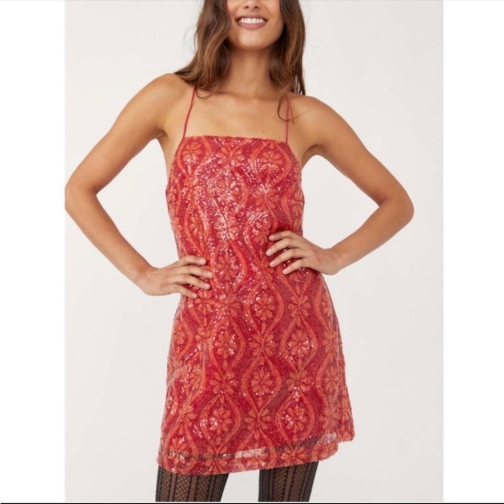 Free People Retro Babe Mini Dress Red Sequin Women’s Sz XL